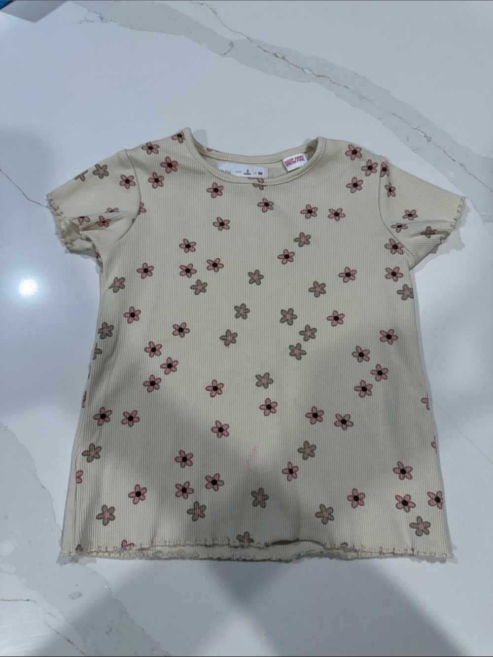 Zara Girls' Floral Ribbed Tee - Cream Pink